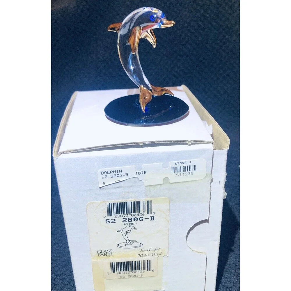 Glass Baron Collectible Crystal Dolphin 2.5” Figurine w/ Gold Trim Accent 280G-B